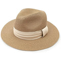DRESHOW Women Straw Panama Hat Travel Fedora Beach Sun Hat Summer Wide Brim Straw Roll up Hats UPF 50+ - color: Khaki Hat With Cream Band