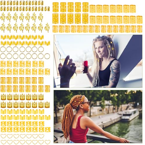 190 Pcs Gold Hair Jewelry for Braids & Dreadlocks - Loc Jewelry with Ring Cuffs, Clips, Charms & Decorations for Men, Women & Girls - color: Gold