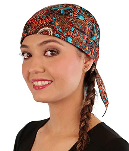 Sparkling EARTH - American Made Skull Caps Doo Rags Do Rag Durag Headwrap Head Wraps Skullies - Made in The USA! - color: Indian Jewelry Coral (Southwest Inspired)