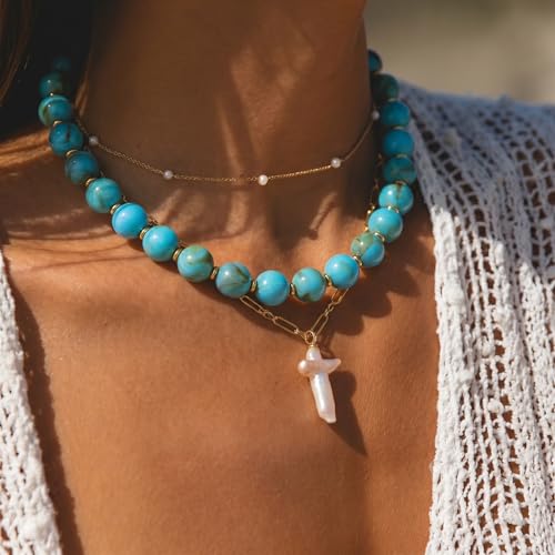 Colorful Beaded Necklace for Women Chunky Resin Beads Choker Necklaces Boho Statement Necklace Summer Vacation Y2K Jewelry - color: Turquoise