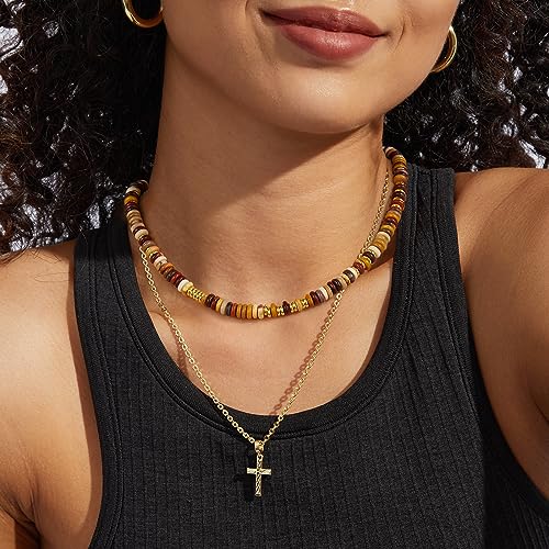 KissYan Boho Beaded Choker Necklace for Women, Gemstone Choker Natural Stone Freshwater Pearl Surfer Necklaces 14K Gold Plated Summer Beach Handmade Jewelry - color: H-Tiger Eye