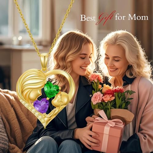 Mothers Day Gifts 14K Yellow Gold Mother Daughter Heart Pendant Necklace with 12 Months Birthstone Birthday Gifts for Mom Anniversarry Jewelry for Mom Wife Girlfriend - color: 02-05-Feb-May Birthstone