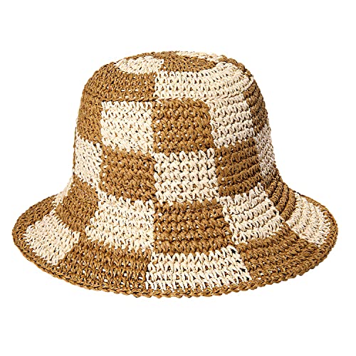 Sun Hats Checkerboard Straw Bucket Hat for Women Packable Crochet Wide Brim Floppy Beach Hats Traveling Summer Accessories - color: Beige