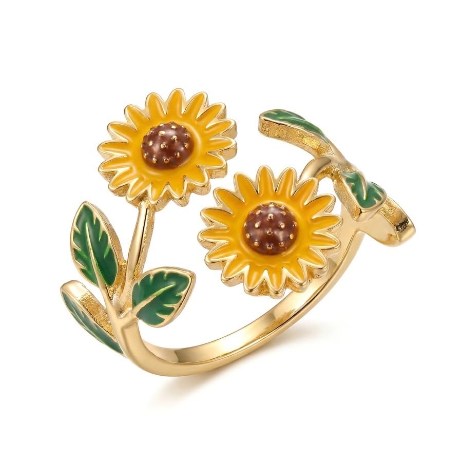 Caiyao 2Pcs Adjustable Sunflower Open Cuff Bangle Bracelets Ring Gold Tone Enamel Daisy Flower Floral Upper Arm Armband Bracelet for Women Boho Summer Inspired Floral Jewelry Gifts - style: StyleA