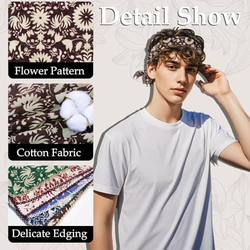 27.16'' Bandanas for Men, Cotton Mens Head Scarf with Flower Pattern Floral Hair Bandana Headband for Daily Casual - color: Coffee