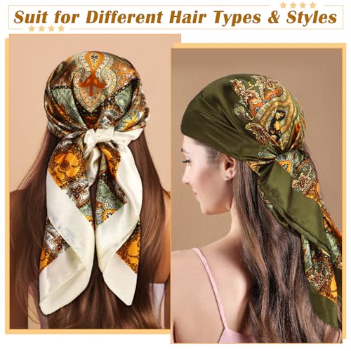 JATEBI 27''/35'' Women Large Satin Scarf Silk Feel Square Wraps Big Hair Bandanas Vintage Print Solid Color Bandana Scarves - color: Pink, Red, White, Orange, Green, Black Classic, size: 35'' Large