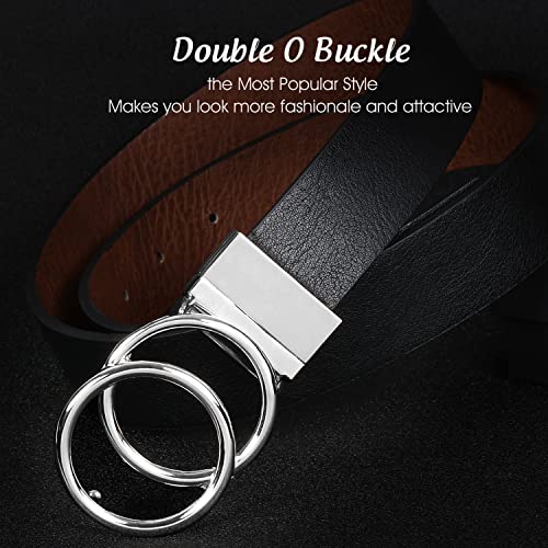 JASGOOD Women Leather Belt,Reversible Belt,Leather Waist Belt for Jeans Dress with Gold Double O Ring Rotate Buckle - color: B-black+brown(silver Buckle), size: Length 41":Fit Size 32"-36"