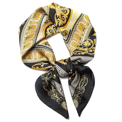 Stlvoll 27.5" Silk Neck Scarf of Women's Fashion Head Scarf Square Neck Satin Scarfs for Bag Hair Scarves Gift - color: Black/Gold