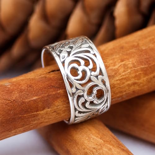 Norwegian Rosemaling Ring - Sterling Silver Floral Filigree Band - Wide Vintage Style Wedding Band Plus Size - Norse Nordic Jewelry for Women - Handmade