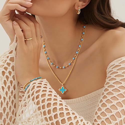 Fettero Dainty Gold Necklace for Women - Double Sided Pendant Necklace 14K Gold Plated Charm Clover Necklace Jewelry for Valentine's Day - color: Turquoise blue
