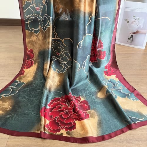 Long Silk Like Scarf Lightweight Satin Scarves Large Sunscreen Shawl Wrap for Women - color: 013.flowers Red and Blackish Green