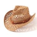AQOKKA Straw Cowboy Hats for Women Men Western Cowgirl Hats with Shapeable Brim Woven Hollow Out Unisex Beach Roll Up Caps - color: Brown Beads Cowboy Hat : Khaki a