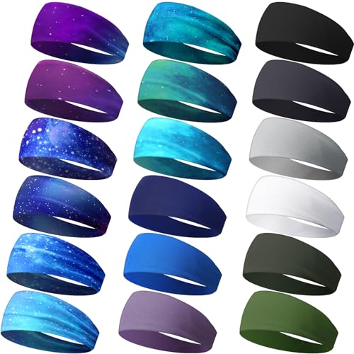18 Pcs Sports Sweatbands for Men Women Camo Headbands Workout Non Slip Headbands Breathable Head Band Fitness Stretchy Unisex Hairband for Yoga Running Cycling Ball - color: Lovely Colors