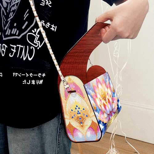 C'eitura Lotus Diamond Art Wooden Clutch Purse with Chain, 5D DIY Rhinestone Shoulder Bag Kit, Zen Style Wallet for Women, Yoga Meditation Gift, Unique Handmade Craft Project - color: SKB204