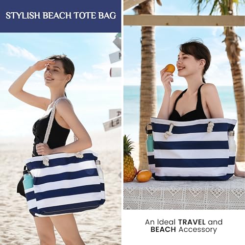 Clothirily Beach Bag for Women - Large Beach Tote Bag, Waterproof Sandproof Beach Bag with Zipper, Large Swim Pool Beach Tote - color: Navy Blue