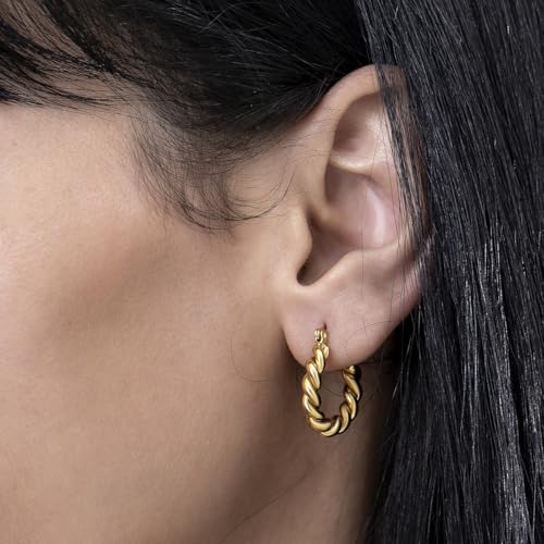 Stainless Steel Hoop Earrings for Women Gold Tone Geometric, Huggie Heart Twisted Minimalist Engraved Designs for Daily Wear - color: Gold_18mm*16mm