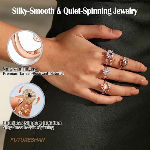 10Pcs Fidget Anxiety Rings for Women Adjustable Spinner Ring Gifts for People With Anxiety Moon Sun Butterfly Galaxy Daisy Flower CZ Stress Relief Calm Rings Jewelry 14K Gold/Silver/Rose Gold Plated - color: Rose Gold Plated