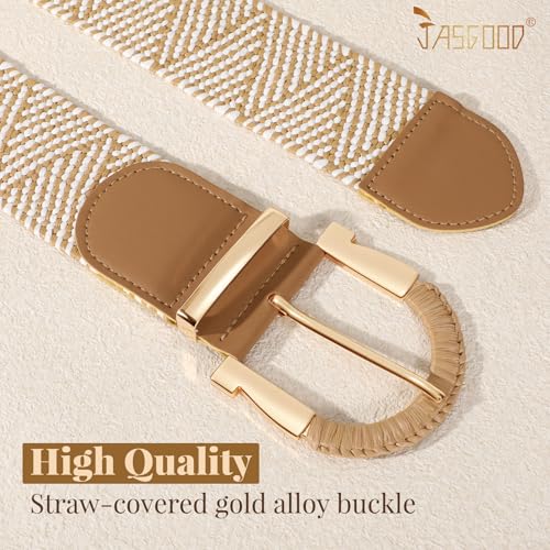 JASGOOD Straw Woven Belt for Women Dresses Boho Elastic Braided Belt Rattan Raffia Belts Ladies Wide Belt,1.97" Width - color: E-white&yellow, size: Fit waist size 25"-30"