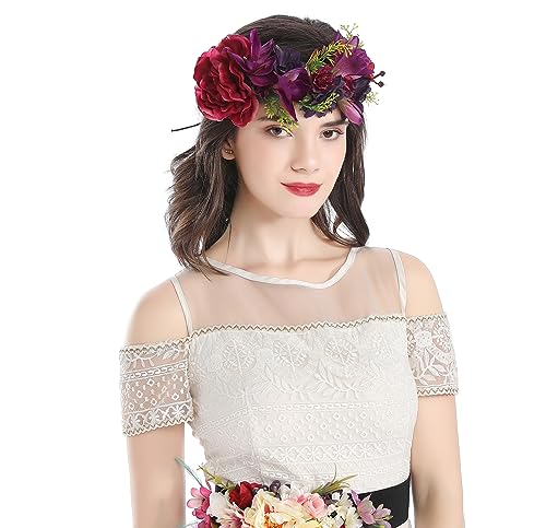 Vivivalue Floral Halo Boho Flower Headband Floral Crown Headpiece Hair Wreath with Ribbon Wedding Party Prom Photos Festival Purple - color: 33