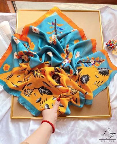 Hioyiwse Head Scarf For Women Hair Bandana 35" Large Square Satin Wrap Sleeping Neck Silk Satin Hair Scarves Lightweight - color: F20-orange-blue Branch(35*35inch）