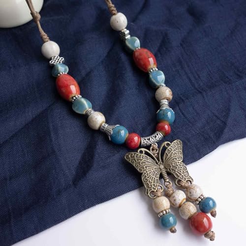 Boho Colorful Ceramic Bead Necklace for Women, Butterfly Pendant Necklace, Handmade Bohemian Statement Jewelry Gifts for Mom - color: Red and Blue