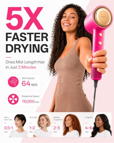 Tideway Hair Dryer Professional High-Speed Ionic Blow Dryer 110,000 RPM, Compact Hair Dryer with Magnetic Diffuser, Fast Drying with Brushless Motor Low Noise Smart Temperature Control-H11 - color: Pink