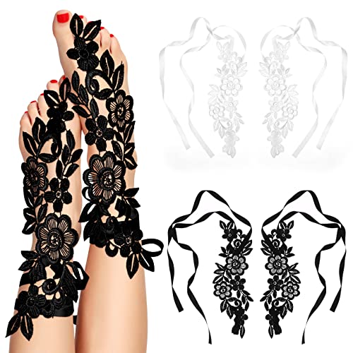 Janmercy 2 Pair Lace Barefoot Sandals Sexy Lace Embroidery Anklet with Toe Ring Vintage Floral Foot Jewelry for Women