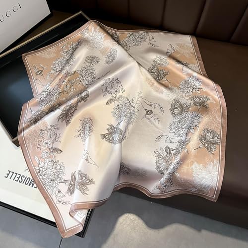 MEISEE 100% Pure Mulberry Silk Scarf 21" Square Scarf Neckerchief Headscarf Breathable Lightweight for Women Gift Packed - color: Light Pink + Gray Flower