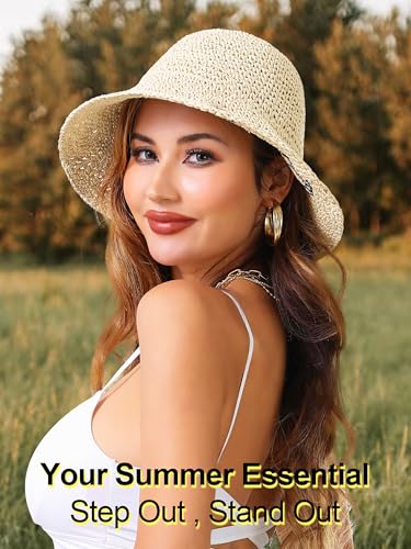 Womens Sun Hat Handmade Crochet Straw Bucket for Summer Foldable Travel Cap - color: Beige 2
