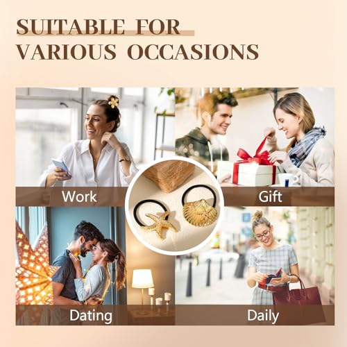 3PCS Gold Hair Ties, Metal Hair Ties for Thick Hair, Elegant Durable Geometric Design, Gold Hair Accessories Stretchy and Non-Damage Ponytail Holders, Ocean Pattern 3 Style Starfish Shell Flower - color: Gold Set 02