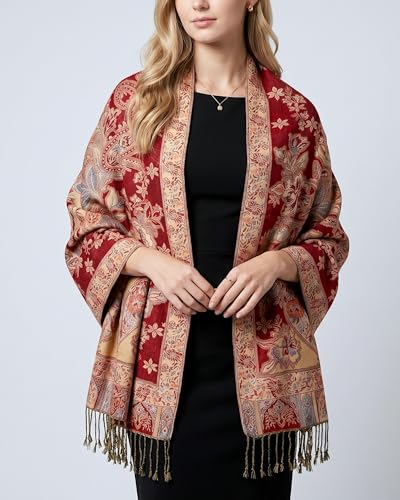 Achillea Elegant Paisley Floral Pashmina Shawl and Wrap – Boho Rave Scarf for Festival, Travel & Everyday Wear - color: Red Beige