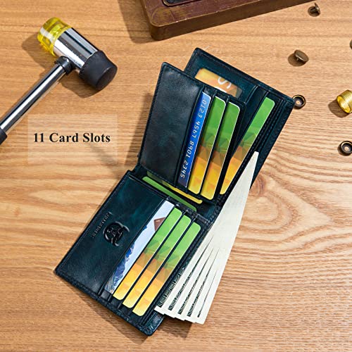 BULLCAPTAIN RFID Wallets for Men,Genuine Leather Wallet QB-05(Peacock Blue) | Slim,Bifold,Front Pocket Wallet, 2 ID Windows,11 Card Slots,RFID Blocking Technology,Gift Choice - color: Peacock Blue