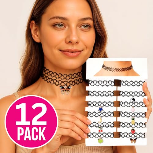 BodyJ4You 12PC Tattoo Choker Necklace for Women - 90s Choker Necklaces Y2K Fashion Trendy Vintage - Emo Black Choker Rainbow Pink White Purple Neon Green Blue Daisy Flower - color: Black