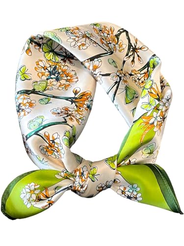 100% Mulberry Silk Scarf for Women Hair Lightweight Square Neckerchief Wrap For Head Scarves 21" - color: 13-green Floret /21"*21"
