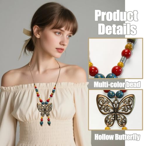 Boho Necklace for Women,Vintage Butterfly Pendant Necklaces,Adjustable Wooden Beads Layered Braided Choker,Fashion Tribal Style Leather Rope Necklace Jewelry,Chunky Statement Gift for Women - color: Colorful1