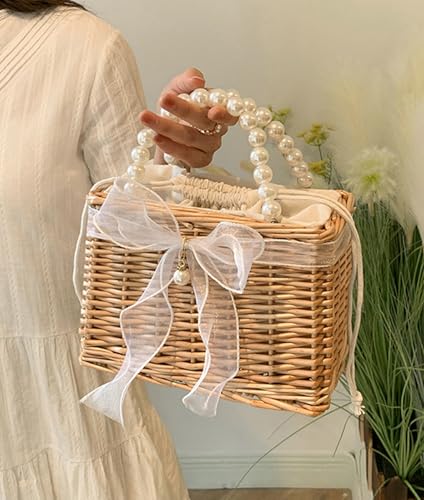 Wicker Basket Lace Ribbon Handbag Vacation Wedding Woven Handbag Drawstring Inner Pouch Daily Use Gift - color: A-white