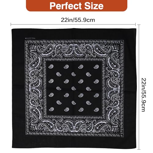 Raylarnia Bandana Multi-Purpose 100% Cotton Headbands for Women, 22 inch Paisley Cowboy Bandanas for Men - color: Black