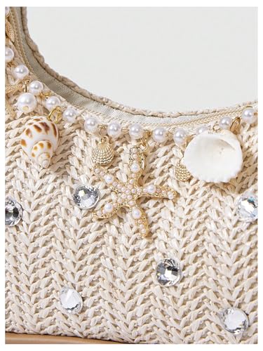 MakeMeChic Women's Straw Beach Purse Seashell Beaded Shoulder Handbags Summer Vacation Bags - color: Multicolor Rhinestone