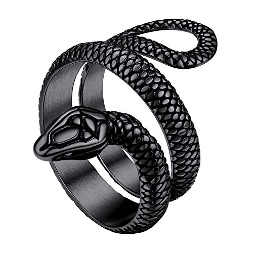 Stainless Steel/18K Gold Plated/Black Snake Ring for Men Women Size 7-12 Serpent Reptile Rings Punk Gothic Jewelry(with Gift Box) - color: 03-Black Plated