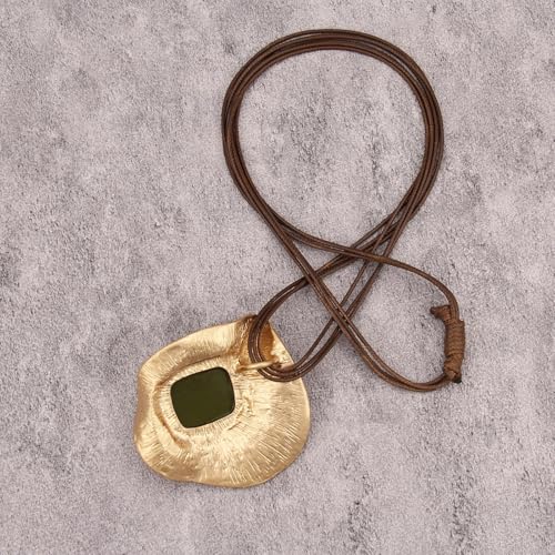 GelConnie Leather Necklace for Women Large Pendant Long Brown Necklace Circle Leather Choker Vintage Sweater Necklace Gold Chunky Boho Necklaces for Women - style: Gold Statement Pendant Necklace