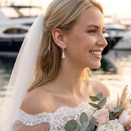 SWEETV Cubic Zirconia Dangle Earrings for Women, Teardrop Bridal Earrings for Wedding, Brides, Bridesmaids, Pear Shaped Drop Earrings for Women Prom Formal Party, Silver - color: Silver-Style3