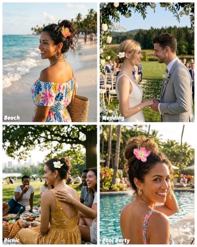 WELROG 3 Pack Hawaiian Orchid Flower Hair Pins,Metal Hair Sticks for Beach Vacation,Non-Slip Fork for Thick Hair Updo - color: White+Pink+Orange