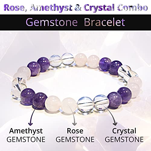 ANAYA AGATE Healing Crystal Bracelet for Women and Men – 8mm Round Beaded Bracelet for Men and Women – Unisex Stretchy Gemstone Bracelet for Healing and Protection - color: Amethyst, Clear Quartz, Rose Quartz