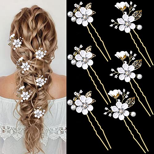 6 PCS Bridal Flower Wedding Hair Pins Crystal Pearl Hair Clips Headpiece Gold Wedding Hair Accessories Jewelry with Rhinestone for Brides Bridesmaids Women Girls Updo (Pure White Flower) - color: Pure White Flower
