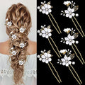 6 PCS Bridal Flower Wedding Hair Pins Crystal Pearl Hair Clips Headpiece Gold Wedding Hair Accessories Jewelry with Rhinestone for Brides Bridesmaids Women Girls Updo (Pure White Flower) - color: Pure White Flower