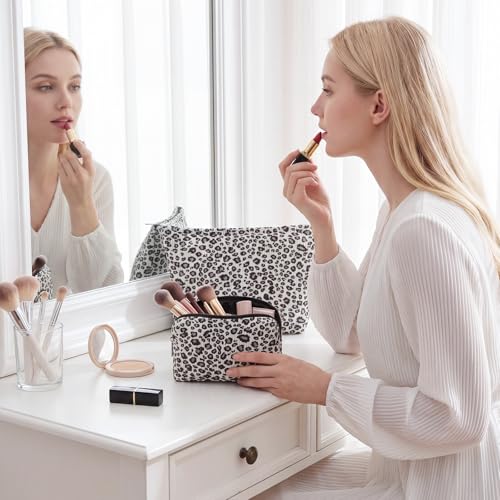 Aliceset 2 Pcs Leopard Makeup Bag Cosmetic Pouch Set Large Travel Toiletry Bag Aesthetic Cotton Zipper Organizer for Women Gift Beauty Essentials(Black Leopard)