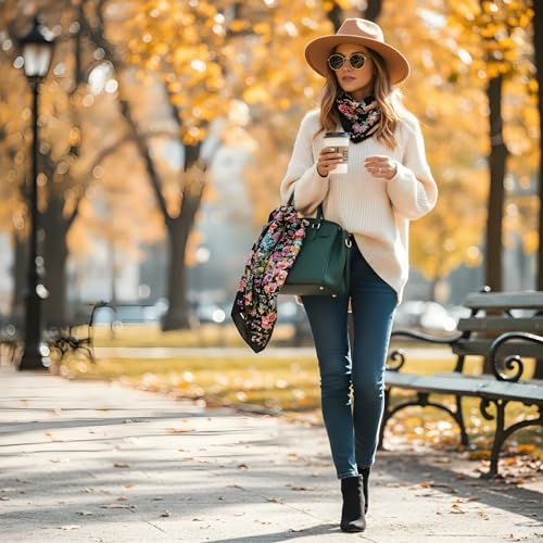 Premium Floral Scarf for Women 35x35 Square Silk Feel-Lightweight Scarves Headscarf Bandanas Wrapping Handbag - color: Black
