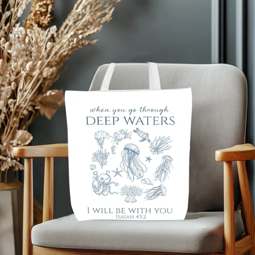 Floral Beach Whale Shark Gifts Jellyfish Christian Canvas Tote Bag for Work Totes for Women Christmas Bible - color: Deepwatersisaiah 182