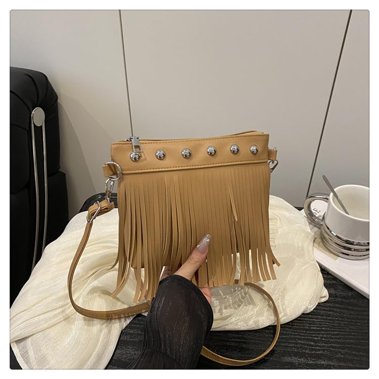 Fringe Shoulder Bag with Studs, Vintage Style Crossbody Purse, Spacious Women's Boho Bag - color: Khaki