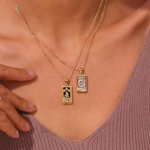 ORIGENCE 18k Gold Plated Tarot Cards Pendant Necklace - Vintage Colorful Charm Necklace Lucky Talisman Hypoallergenic for Women and Men Gift - style: The Star